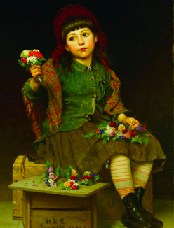 A child with imploring eyes looks out of John George Brown's 1886 work, Buy a Posy. Oil on canvas. North Carolina Museum of Art