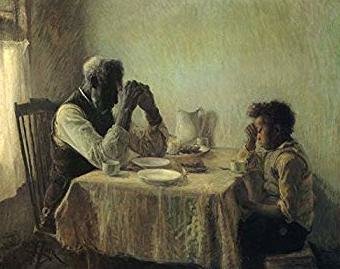 Old man and young boy praying over simple meal. Classic picture.